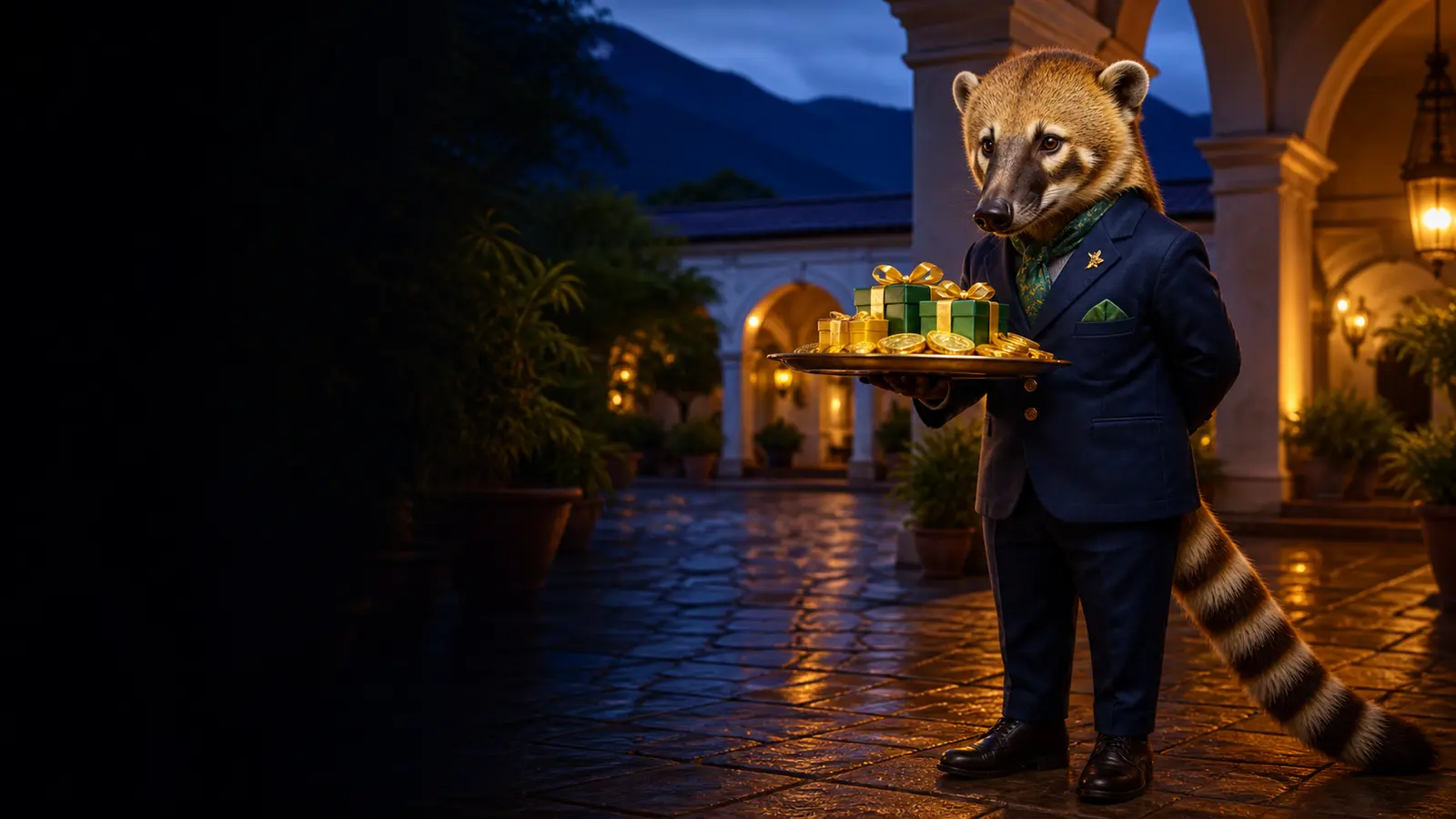 Coatí presentando el bono de bienvenida en un patio histórico de Salta