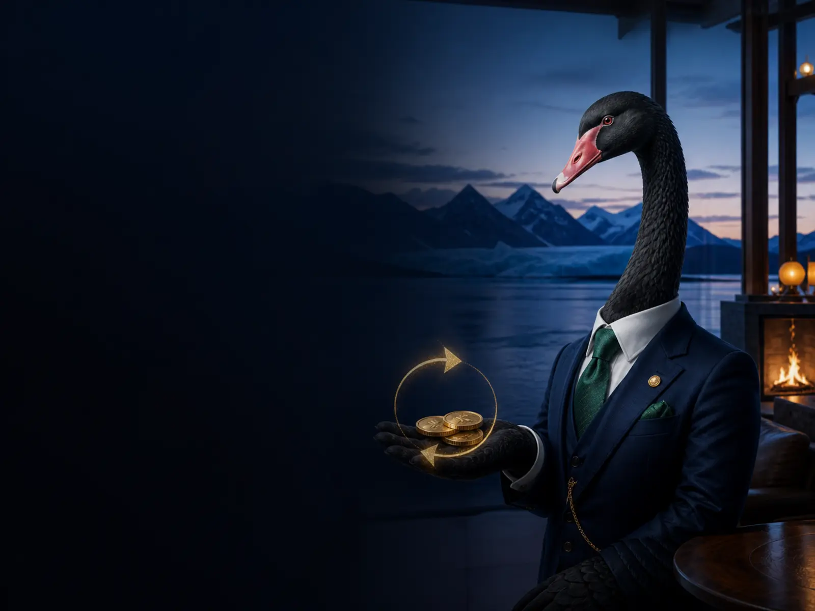 Cisne de cuello negro presentando el cashback frente al Lago Argentino