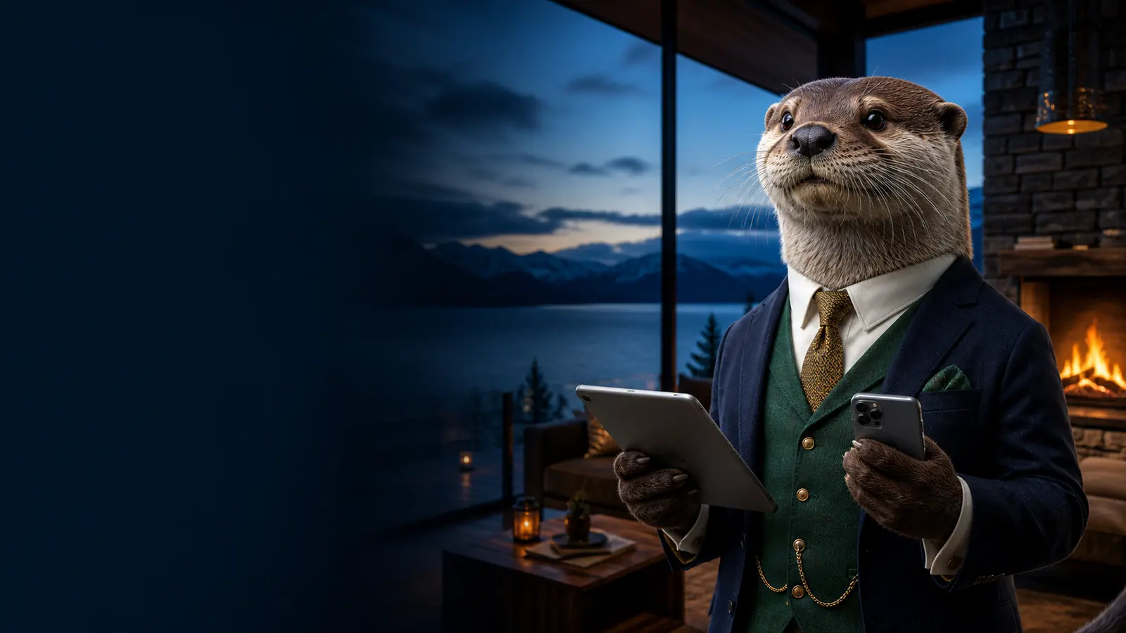 Huillín usando la app de Bizzo Casino frente al lago Nahuel Huapi