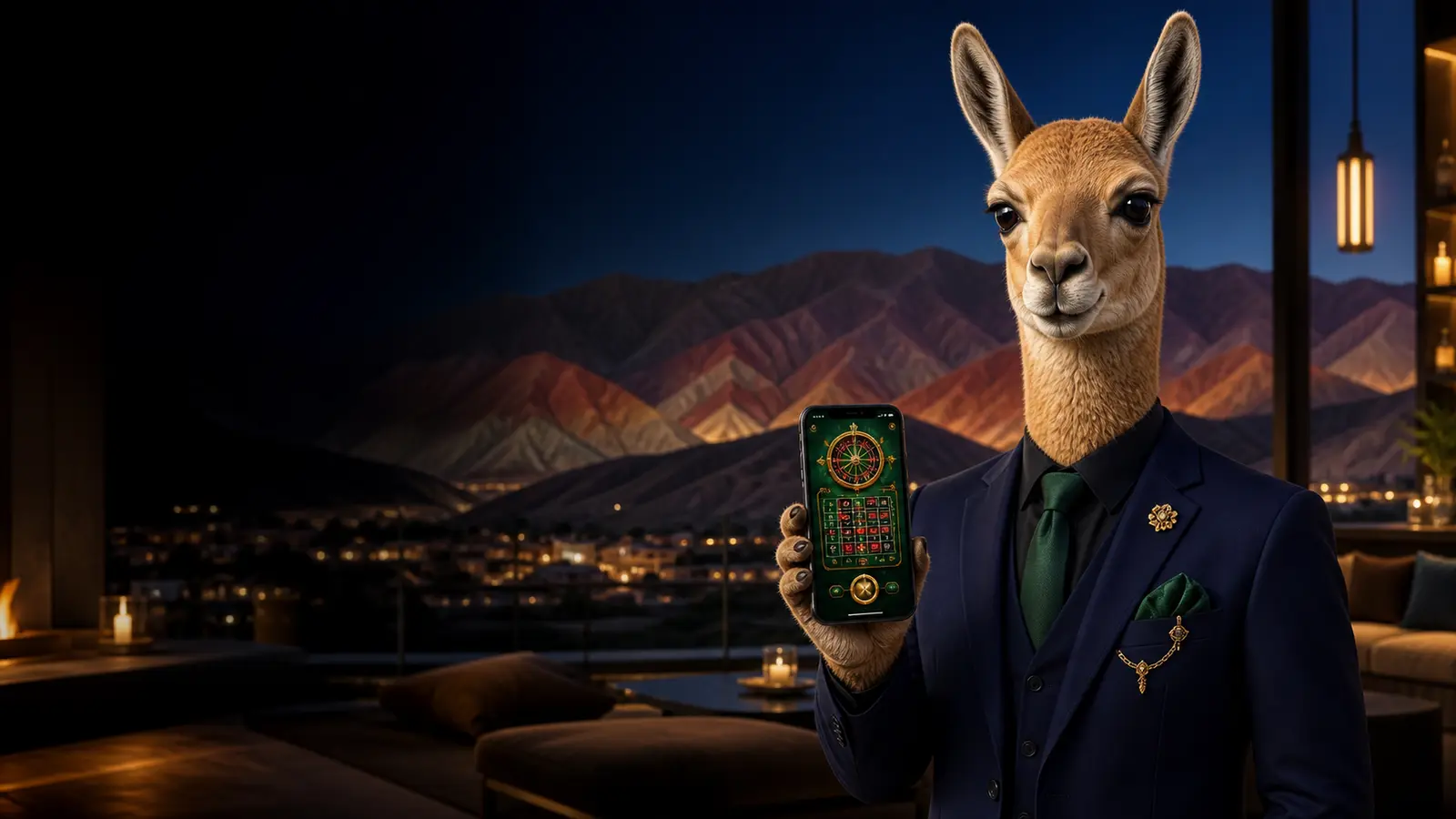 Vicuña usando la app de Bizzo Casino frente a la Quebrada de Humahuaca