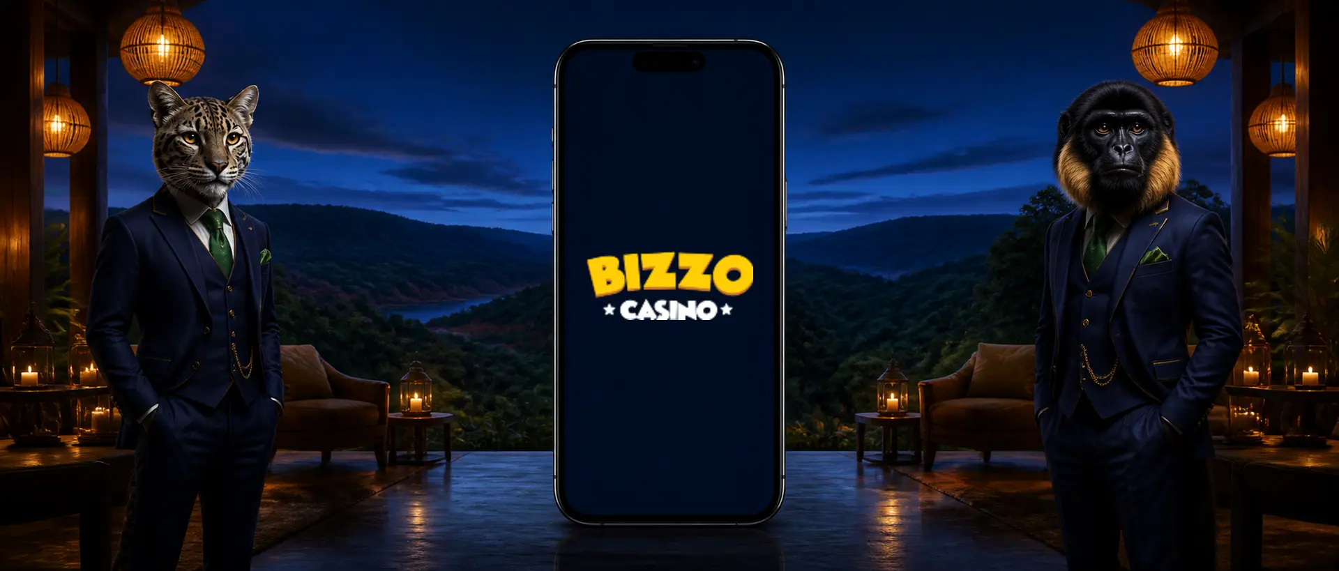 Teléfono con el logo de Bizzo Casino entre un ocelote y un mono aullador en Misiones
