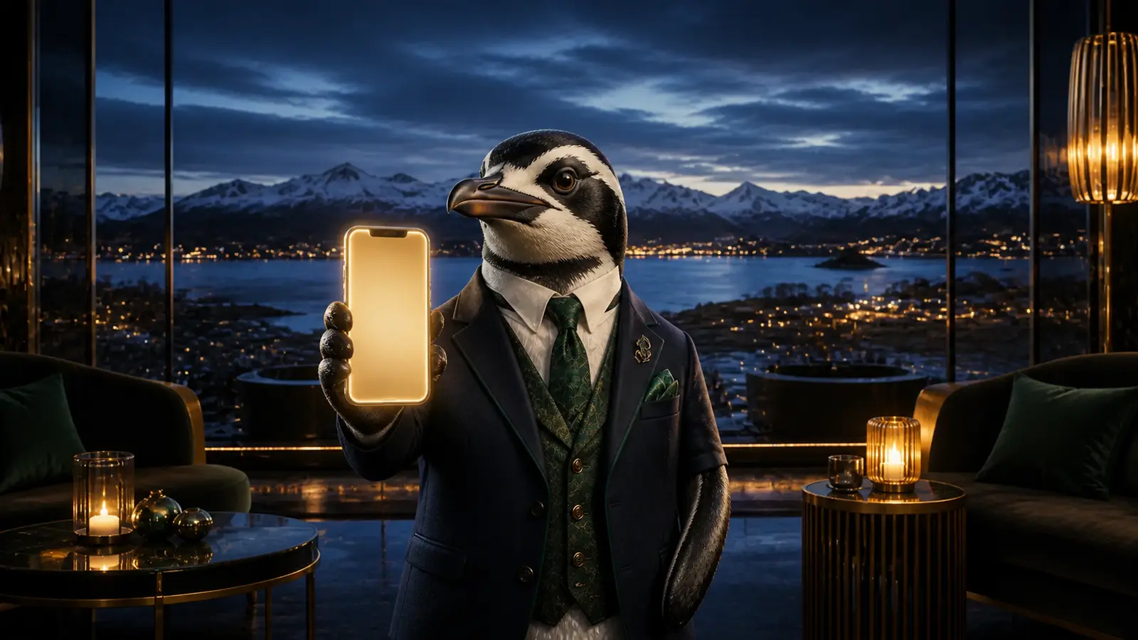 Pingüino de Magallanes usando la app de Bizzo Casino frente a Ushuaia