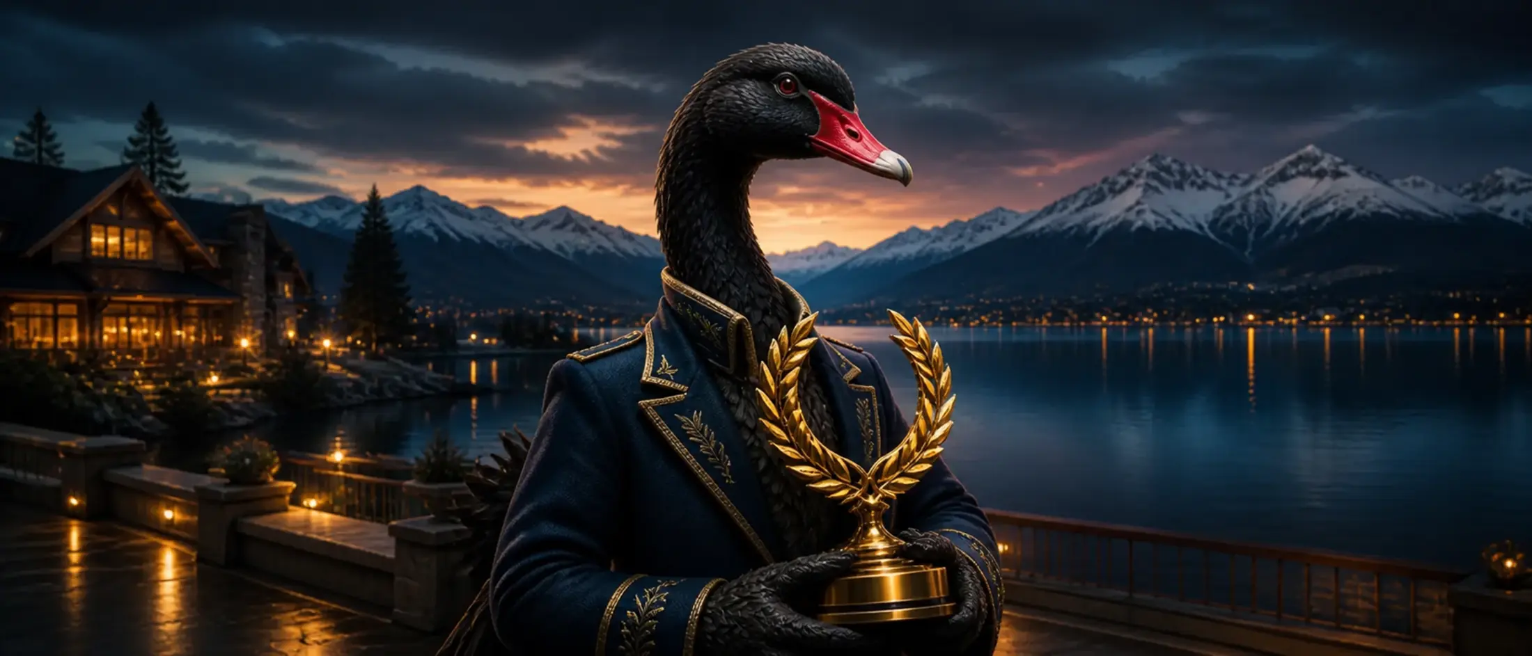 Cisne de cuello negro con un trofeo frente al lago Nahuel Huapi