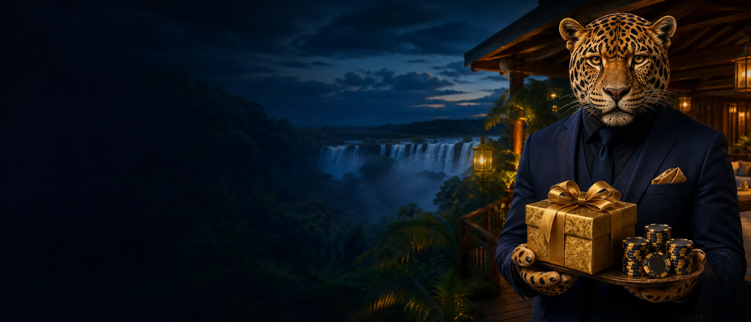 Yaguareté con premios de Bizzo Casino frente a las Cataratas del Iguazú